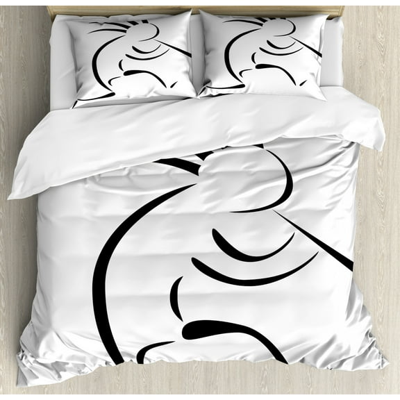 Kokopelli Duvet Cover Set Queen Size, Minimalistic Monochrome Print of Abundance Playing Shepherds Pipe, Decorative 3 Piece Bedding Set with 2 Pillow Shams, Charcoal Grey and White, by Ambesonne