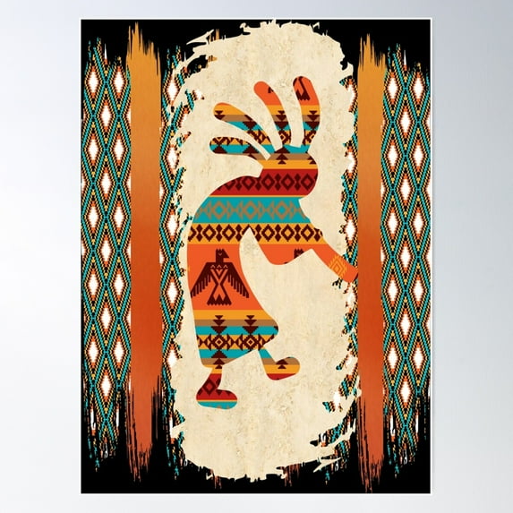 Kokopelli-Native American With Tribal Pattern Border Poster Wall Art, Modern Wall Decor For Living Room Bedroom, 24x36 UNFRAMED