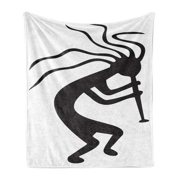 Kokopelli Soft Flannel Fleece Blanket, Monochrome Minimalistic Tribal Musical and Fertility Cultural Folk Art, Cozy Plush for Indoor and Outdoor Use, 60" x 80", Dark Taupe and White, by Ambesonne