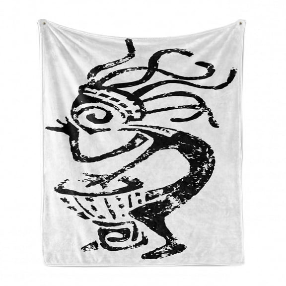 Kokopelli Soft Flannel Fleece Throw Blanket, Grunge Style Cave Motif Look Monochrome Playing Darbuka Pattern, Cozy Plush for Indoor and Outdoor Use, 50" x 60", Charcoal Grey White, by Ambesonne