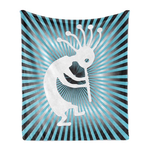 Kokopelli Soft Flannel Fleece Throw Blanket, Modernized Music Fertility Fruitfulness Tribe Starbursts, Cozy Plush for Indoor and Outdoor Use, 60" x 80", Aqua Charcoal Grey, by Ambesonne