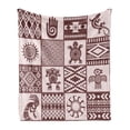 thumbnail image 1 of Kokopelli Soft Flannel Fleece Throw Blanket, Patchwork Style Frog Hand Chameleon Shepherds Prehistoric Pattern, Cozy Plush for Indoor and Outdoor Use, 60" x 80", Rose Pale Maroon, by Ambesonne, 1 of 5