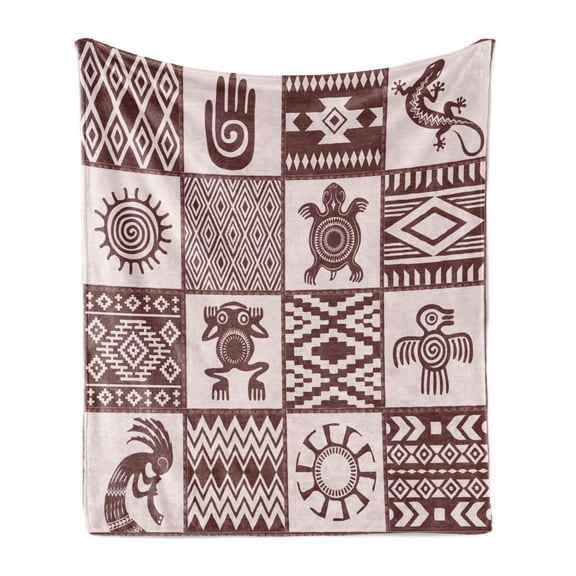 Kokopelli Soft Flannel Fleece Throw Blanket, Patchwork Style Frog Hand Chameleon Shepherds Prehistoric Pattern, Cozy Plush for Indoor and Outdoor Use, 70" x 90", Rose Pale Maroon, by Ambesonne