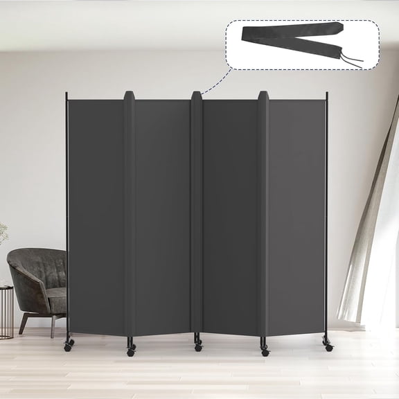 Kokorona 4 Panel Room Divider, 6FT Tall Rolling Privacy Screen with Lockable Wheels, Folding Wall Dividers Portable Room Divider for Room Separation, Included - Cover Strips, Grey, 88''W x 70''H