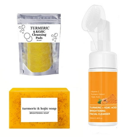 Kokovifyves 100ml Turmeric Cleansing Facial Cleanser Facial Cleansing Pad Turmeric Soap Three-piece Cleansing Moisturizing Care Set