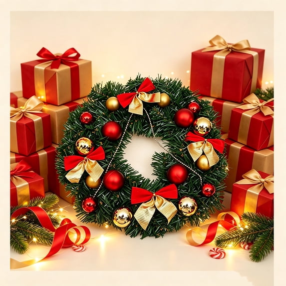 Kokovifyves 11.8"Christmas Wreath for Front Door,Holiday Garland with Bows and Ornaments for Indoor Outdoor Wall Window Decorations