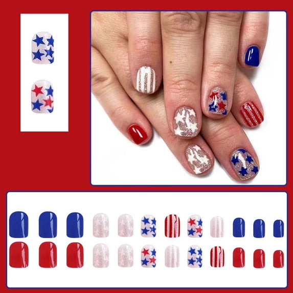 Kokovifyves 24Pcs Glitter Irregular Line Short Press on Nails Independence Day Themed Wearable Nails