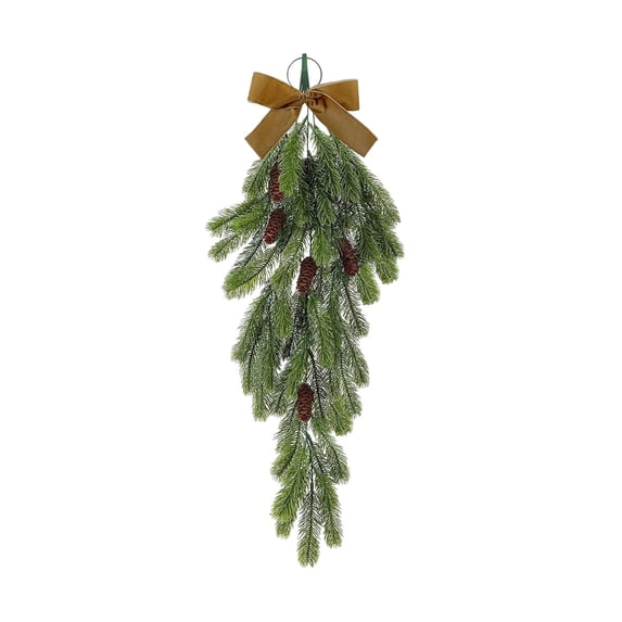 Kokovifyves 27.5" Upside-Down Rattan Christmas Tree Hanging Ornament, Artificial Wreath with Bow and Hanging Loop for Door Wall Fireplace Holiday Decor