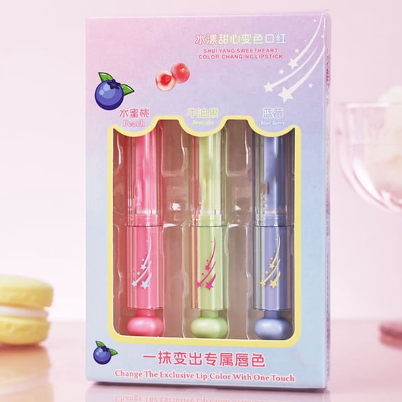 Kokovifyves Color-Changing Lipstick Set 3 Flavors Peach Blueberry Hydrating Tinted Lip Balm PH Custom Lip Color for Daily Wear 3ml