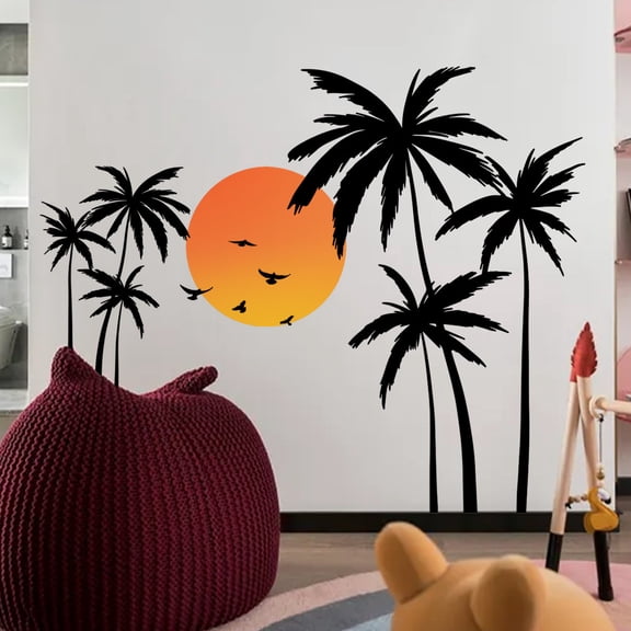 Kokovifyves Home Items Clearance Sale Green Plant Scenery Sunset Wild Geese Cartoon Creative Background Living Room Cartoon Decoration Wall Sticker