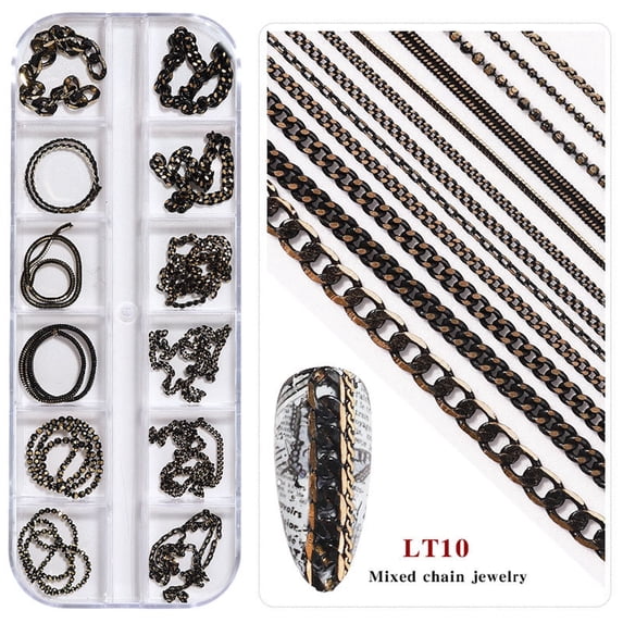 Kokovifyves Nail Art Jewelry Chain 12 Grids Diy Decorative Nail Art Sticker Metal Chain