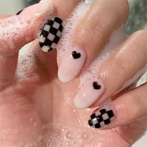 Kokovifyves Nail Care 24 Pcs Checkerboard Maple Leaf Leopard Print Wearing Manicure Fake Nails