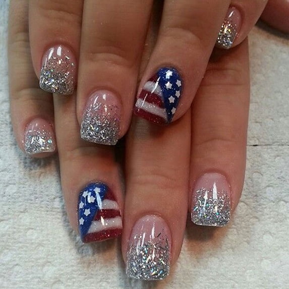 Kokovifyves Nail Care Independence Day Flag Fake Nail Art Nails Wear Nails 24PCS