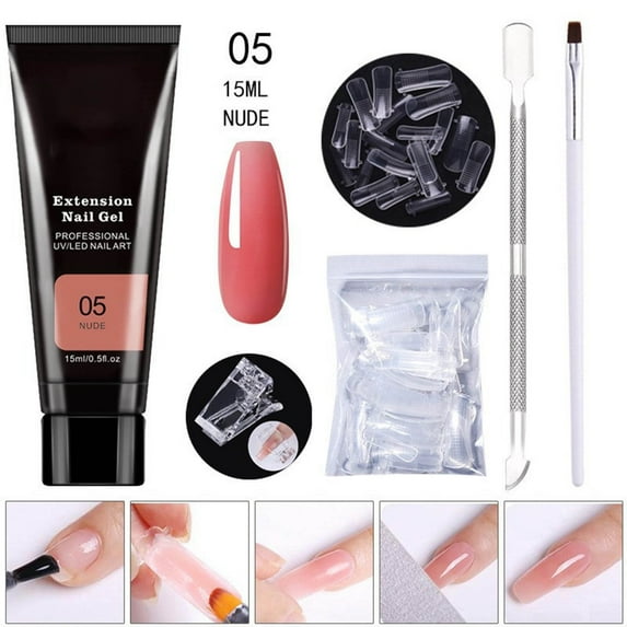 Kokovifyves Nail Care Poly Extension Gel Nail Kit, Clear Builder Jelly Gel Nude Poly Nail Enhancement Trial French Kit with Mini Nail 15ml