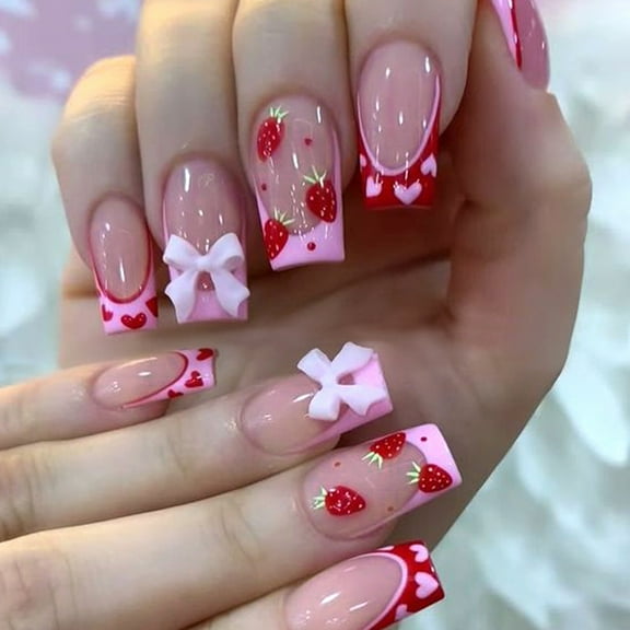 Kokovifyves Nail Care Wearable Nail Tips Strawberry Bow False Nails Wearable Nails Removable Nail Tips