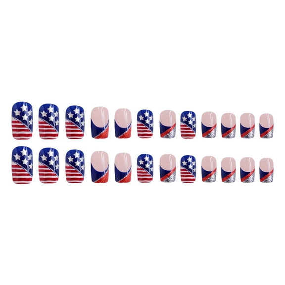Kokovifyves Press on Nails Short Glossy Independence Day New Light Irregular Lines Glitter Wearable Nails False Nails Clearance Sale 24PSC