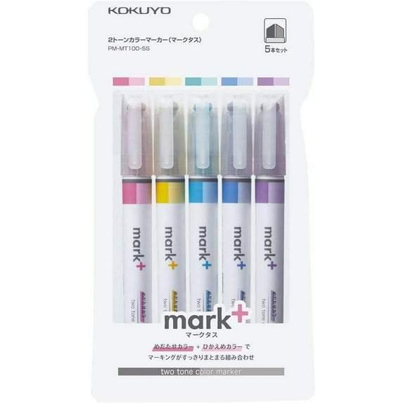 Kokuyo Highlighters, 2 Tone Color Marker, Set of 5 (PM-MT100-5S)