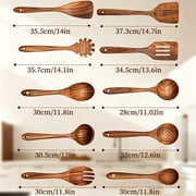 Kolagan 10-piece Set of Wooden Cooking Spoons, Long Handles, Wooden Kitchen Set, Kitchen Spatula Set, Colander, Soup Spoon, Wooden Spatula, Non-stick Kitchen Tools Spoon - Small Leaf