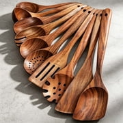 Kolagan 10-piece Set of Wooden Cooking Spoons, Long-handled Wooden Spatula, Wooden Kitchen Set, Kitchen Pot Spatula Set, Colander, Soup Spoon, Wooden Spatula, Non-stick Kitchen Tool Spoon - Acacia