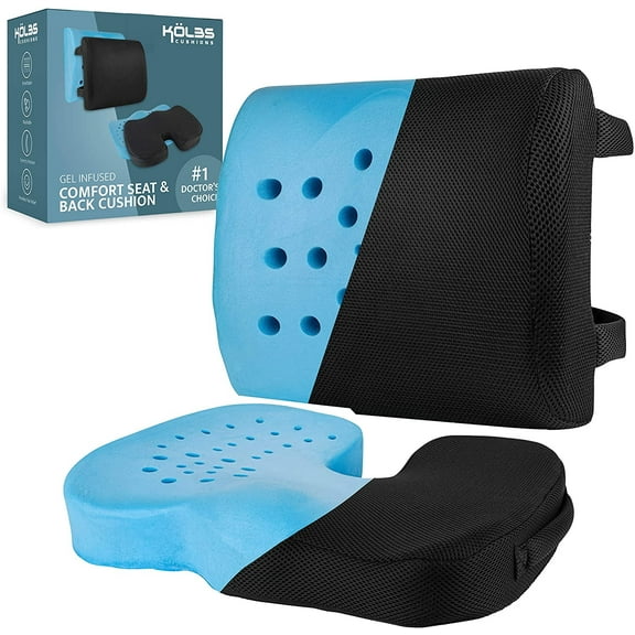 Kolbs Black Gel Memory Foam Seat Cushion and Lumbar Back Cushion Set Gel Infused and Ventilated Coccyx Tailbone Sciatica Chair