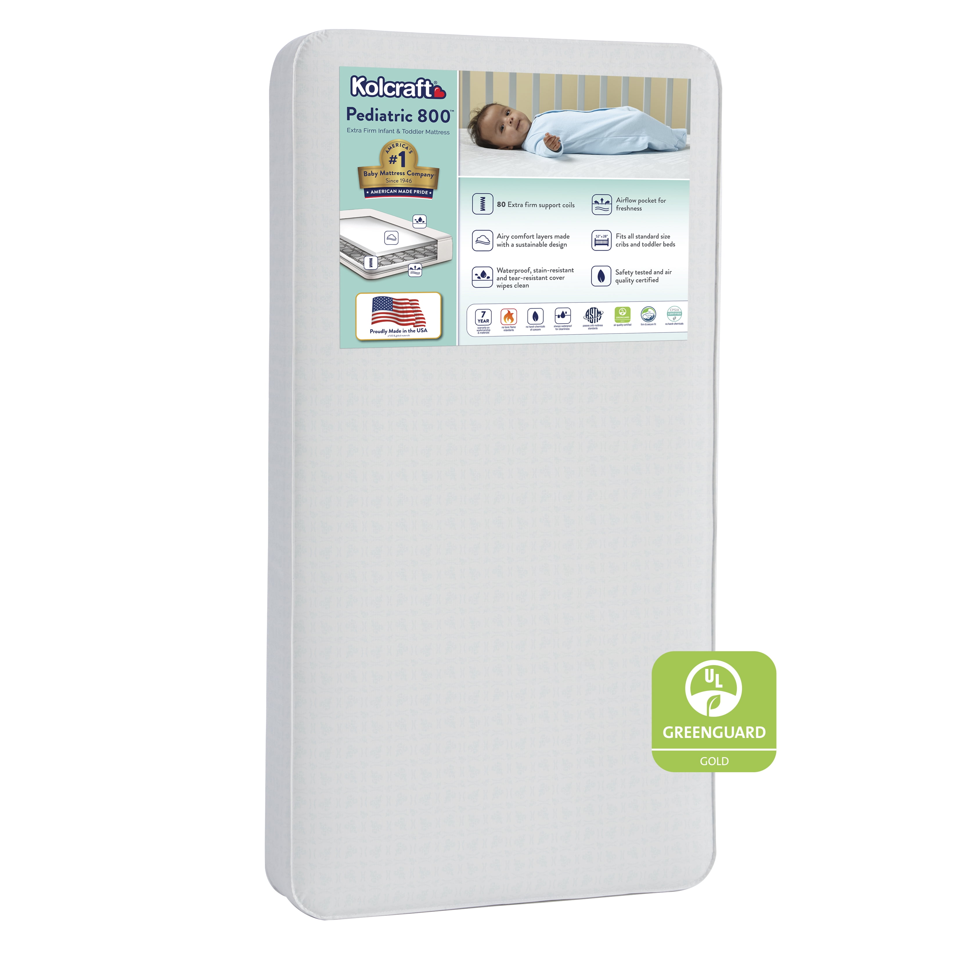 Kolcraft Pediatric 800 Extra Firm Baby Crib & Toddler Mattress, 80 Coil, Waterproof, Ecru