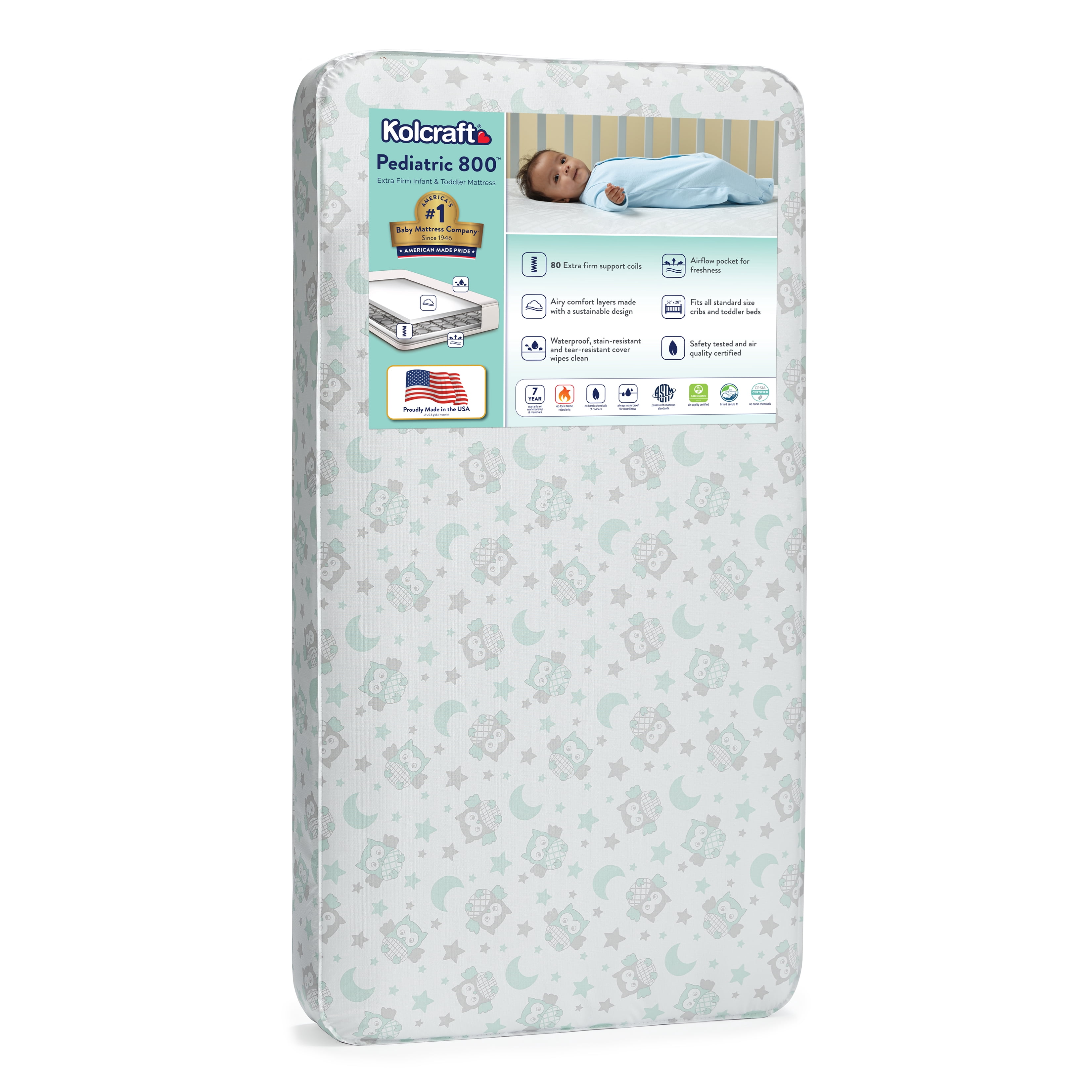 Kolcraft Pediatric 800 Extra Firm Baby Crib & Toddler Mattress, 80 Coil, Waterproof, Gray