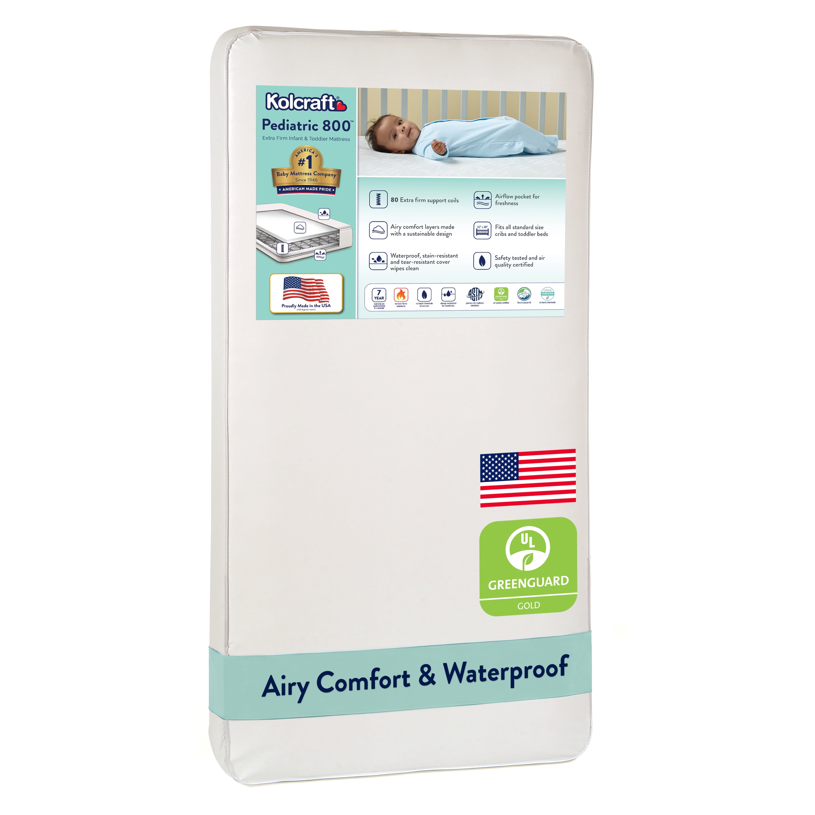 Kolcraft Pediatric 800 Extra Firm Ultra Deluxe Crib Mattress and Toddler Mattress, 80 Coil White