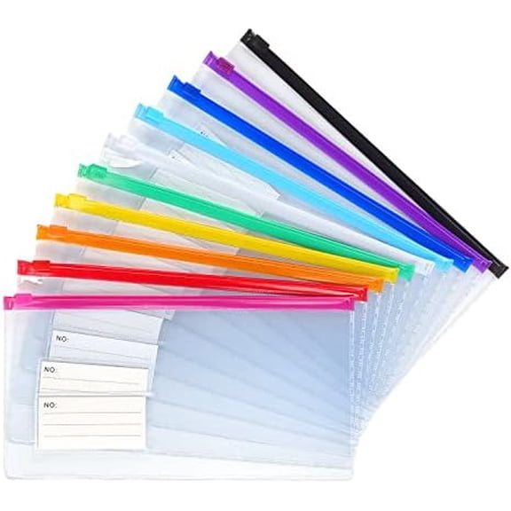 Koldwater 10 Pack Zipper Plastic Envelopes, Small Pencil Pounch, 9 x 4.7 Inch | Plastic Envelopes A6 Size for Pencil Case Bulk, Bill Bag