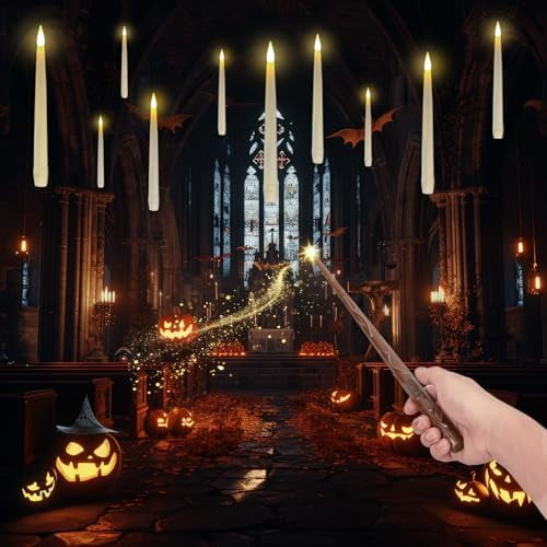 Koldwater 10PCS Floating Candles with Wand Remote, Flameless Hanging Taper Candle with Flickering Warm Light, Battery Operated Magic Deco Candles for Halloween, Christmas, Birthday, Indoor Decor