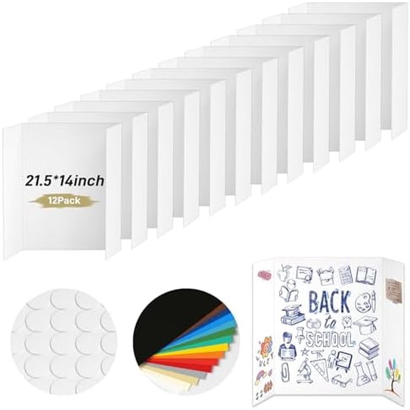 Koldwater 12 Pcs Small Trifold Poster Board, 21.5 x 14 inches Poster Board with Double Sided Tapes and Cardboard, Corrugated Presentation/Display Board for School Project, Science Fair, Business