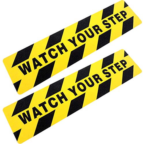 Koldwater 2 Pieces Watch Your Step Stickers Sign 6 x 24 Inch Caution Watch Your Step Floor Decals Warning Sticker Adhesive Tape Anti Slip Abrasive Tape for Workplace Safety Wet Floor Caution