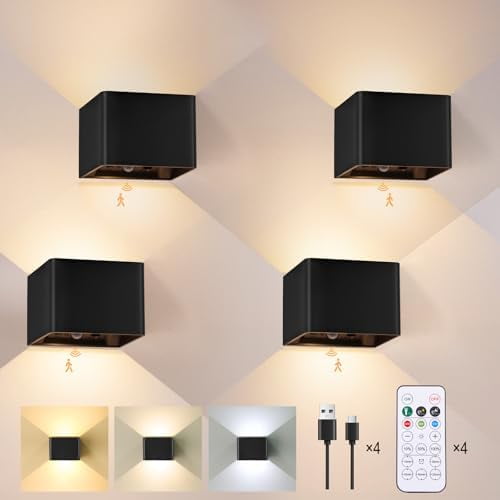 Koldwater 4-Pack Motion Sensor Wall Lights with Remote, 6000mAh Rechargeable Wall Sconce with 3 Color Temperatures & Touch Control, Dimmable LED Battery Powered Peel and Stick Sconces Indoor, Black