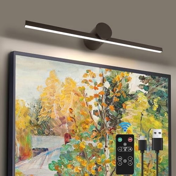Koldwater Battery Operated Picture Light with Remote,Wireless Dimmable Art Lights for Paintings Rechargeable Gallery Light Artwork Lighting for Canvas, Portrait (Black,20'' Inch)