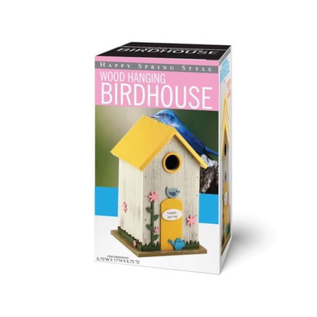 Kole Imports AC233-4 10.75 in. Wood Happy Spring Roof Hanging Birdhouse Feeder, Yellow - Pack of 4