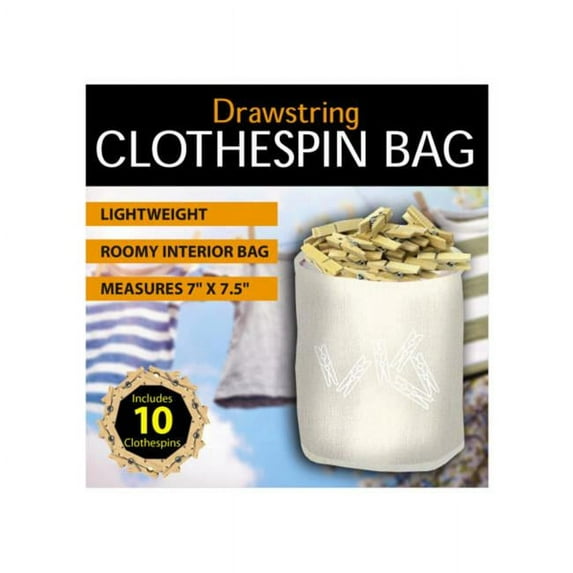 Kole Imports HC485-6 Drawstring Clothespin Bag with 10 Wooden Pins - Pack of 6