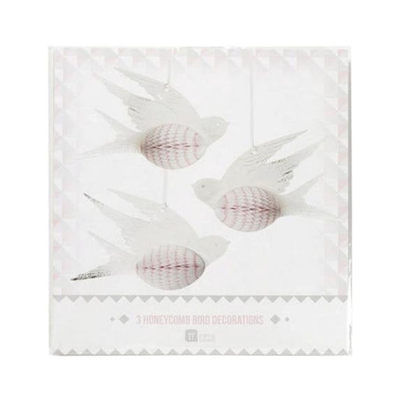 Kole Imports HH931-24 7.25 x 5 in. Honeycomb Bird Decorations Set, White & Pink - 3 Piece - Pack of 24