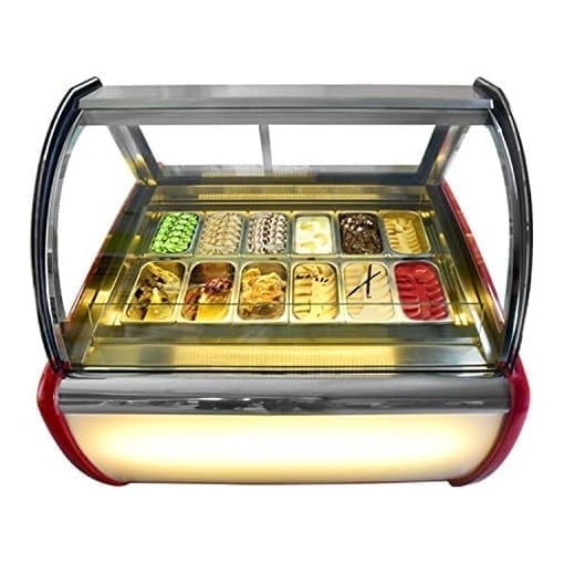 Kolice Commercial 12 Pans Gelato Showcase Display Freezer Hard Ice Cream Freezer Showcase-Red Color, Cool Air Convection Design,Auto Defrost, Anti-Fog Glass