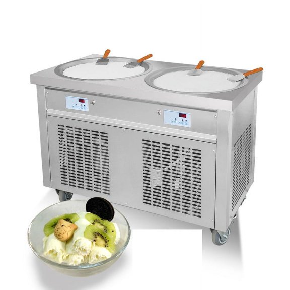 Kolice Commercial 22" Double Round Pans Fried Ice Cream Roll Machine, Yogurt Fry Ice Cream Machine With Transparent Sneeze Guard