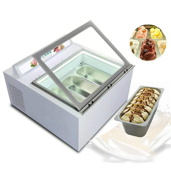 Kolice Commercial Tabletop Ice Cream Showcase Freezer, Desktop Ice Cream Dipping Cabinet with 3 Pans, Auto Defrost, Anti-Fog Glass, LED light included