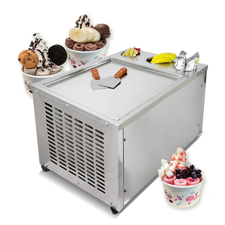Kolice Counter Top Commercial 18 inchx18 inch Single Pan Roll Ice Cream Machine-3 Buckets, Auto Defrost, Size: 26.77 x 20.08 x 17.32, Silver