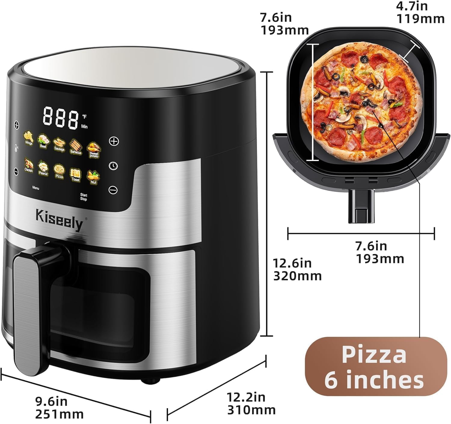 Kolimbay 6 QT Air Fryer with Glass Touch Screen and Clear Window, 10-in-1 Stainless Steel Oven for Roast Bake Broil