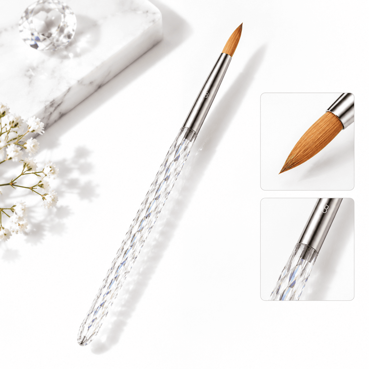 Kolinsky Brush #8 - Pure Sable Hair Black Crystal Handle Acetone ...