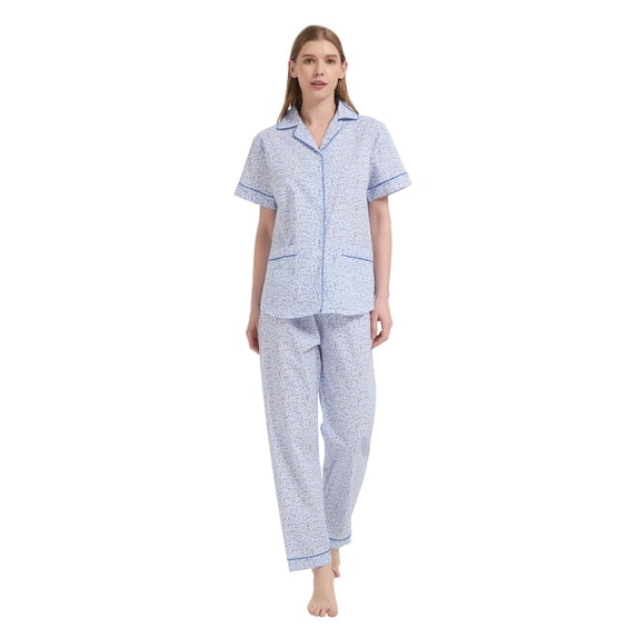Kolipajam 100% Cotton Pajamas For Women Short-Sleeve Long Pants PJS Button Down Sleepwear L
