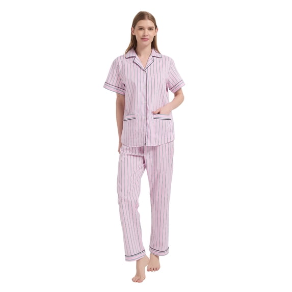 Kolipajam 100% Cotton Pajamas For Women Short-Sleeve Long Pants PJS Button Down Sleepwear XXL