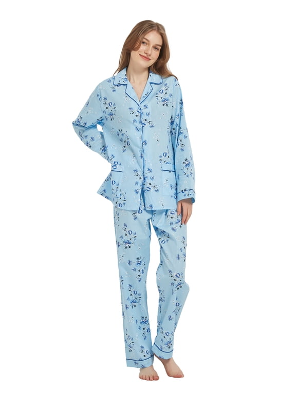 100% Cotton Pajamas for Women Long-Sleeve Pjs Cozy Button Down Boyfriend Sleepwear L