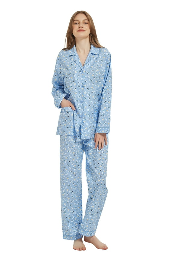 100% Cotton Pajamas for Women Long-Sleeve Pjs Cozy Button Down Boyfriend Sleepwear L
