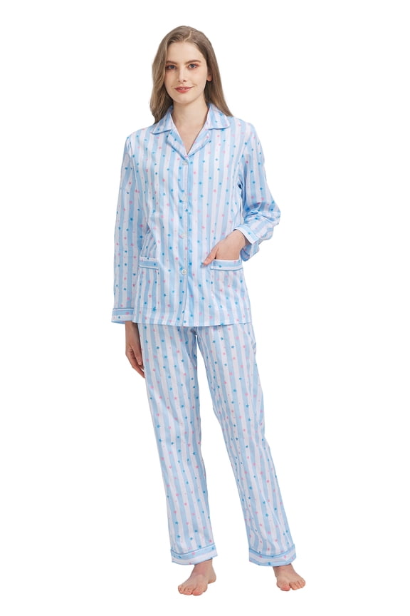 100% Cotton Pajamas for Women Long-Sleeve Pjs Cozy Button Down Boyfriend Sleepwear L