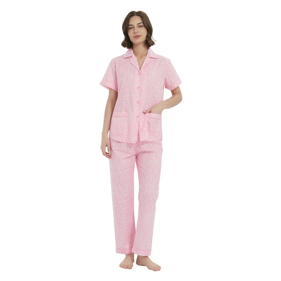 Kolipajam 100% Cotton Pajamas For Women Short-Sleeve Long Pants PJS Button Down Sleepwear
