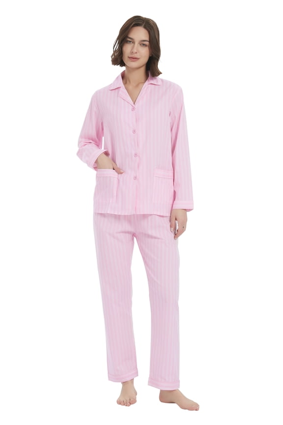 100% Cotton Pajamas for Women Long-Sleeve Pjs Cozy Button Down Boyfriend Sleepwear M