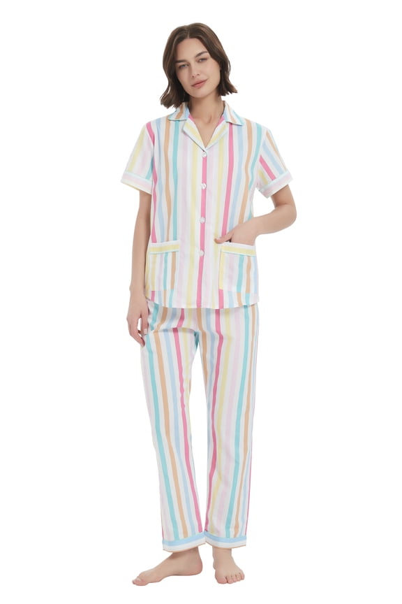 101% Cotton Pajamas for Women Long-Sleeve Pjs Cozy Button Down Boyfriend Sleepwear S